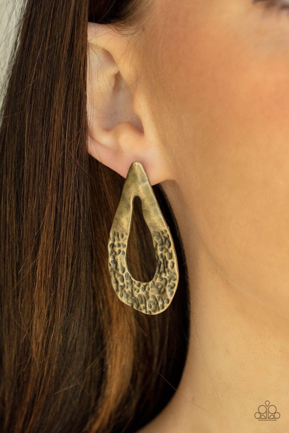Industrial Antiquity Brass Earrings - Paparazzi Accessories- on model - CarasShop.com - $5 Jewelry by Cara Jewels