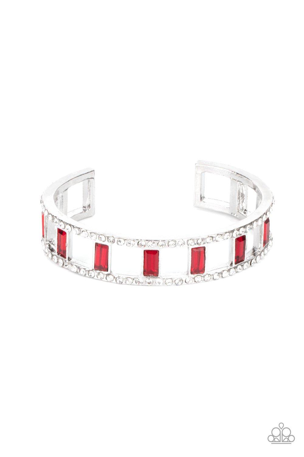 Industrial Icing Red and White Rhinestone Cuff Bracelet - Paparazzi Accessories- lightbox - CarasShop.com - $5 Jewelry by Cara Jewels
