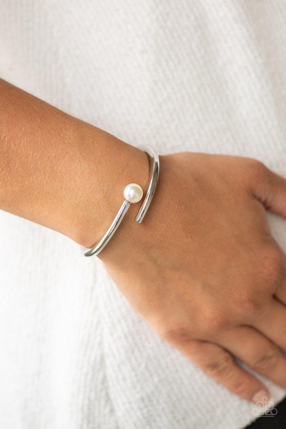 Industrial Impact Silver and White Spring Hinge Bracelet - Paparazzi Accessories-CarasShop.com - $5 Jewelry by Cara Jewels