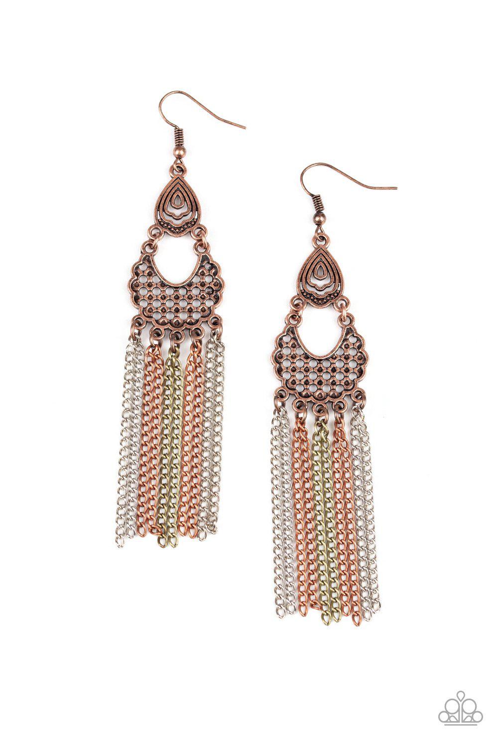Insane Chain Multi Copper, Silver and Brass Chain Fringe Earrings - Paparazzi Accessories-CarasShop.com - $5 Jewelry by Cara Jewels
