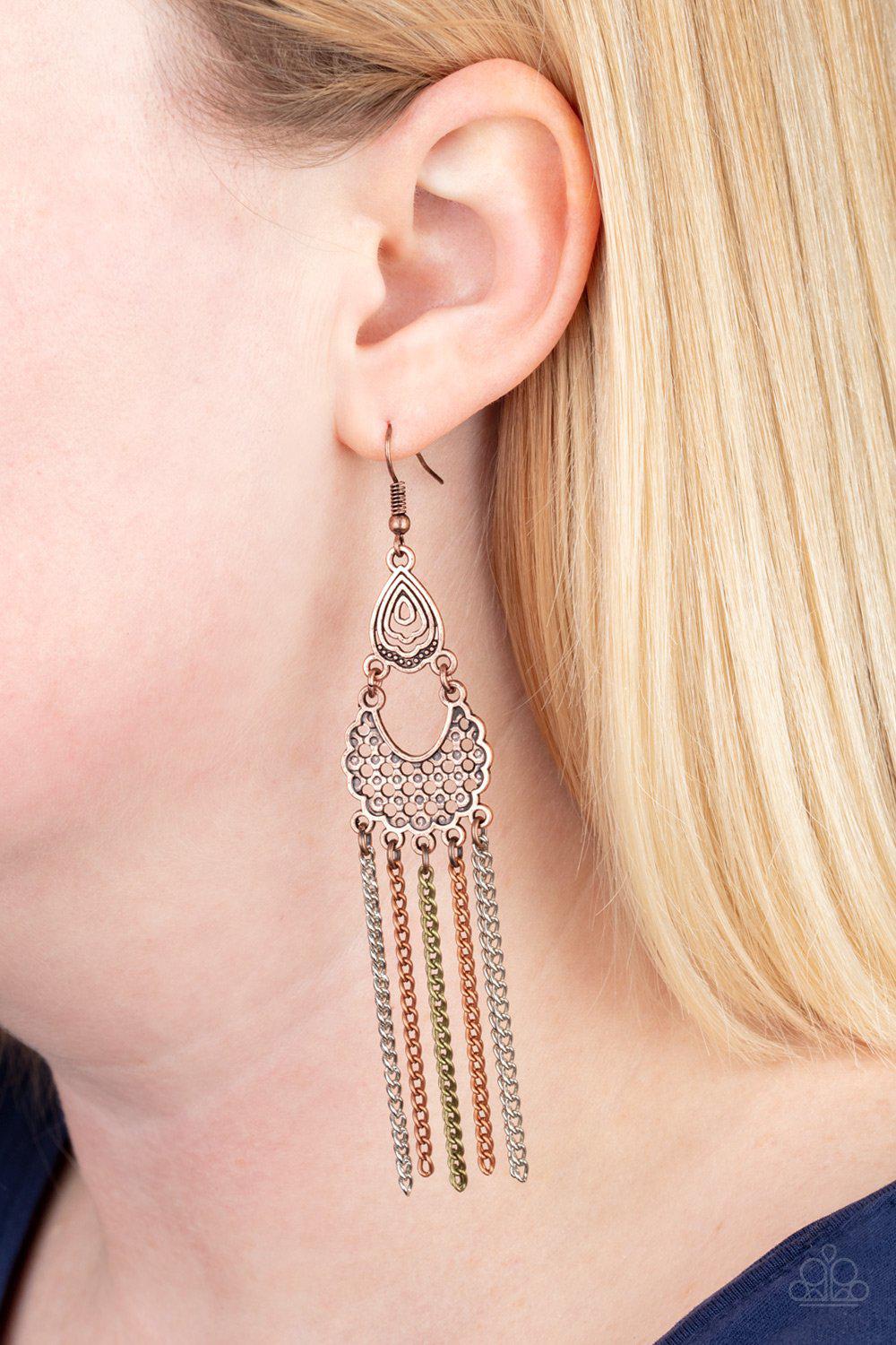 Insane Chain Multi Copper, Silver and Brass Chain Fringe Earrings - Paparazzi Accessories-CarasShop.com - $5 Jewelry by Cara Jewels