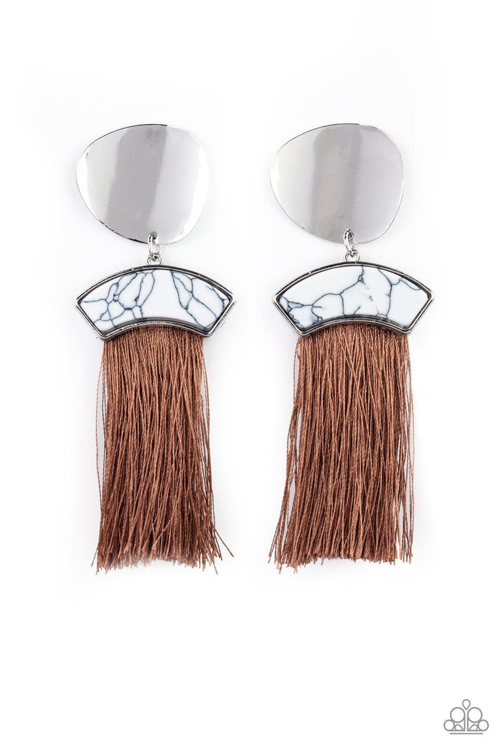 Insta Inca White and Brown Tassel Earrings - Paparazzi Accessories-CarasShop.com - $5 Jewelry by Cara Jewels