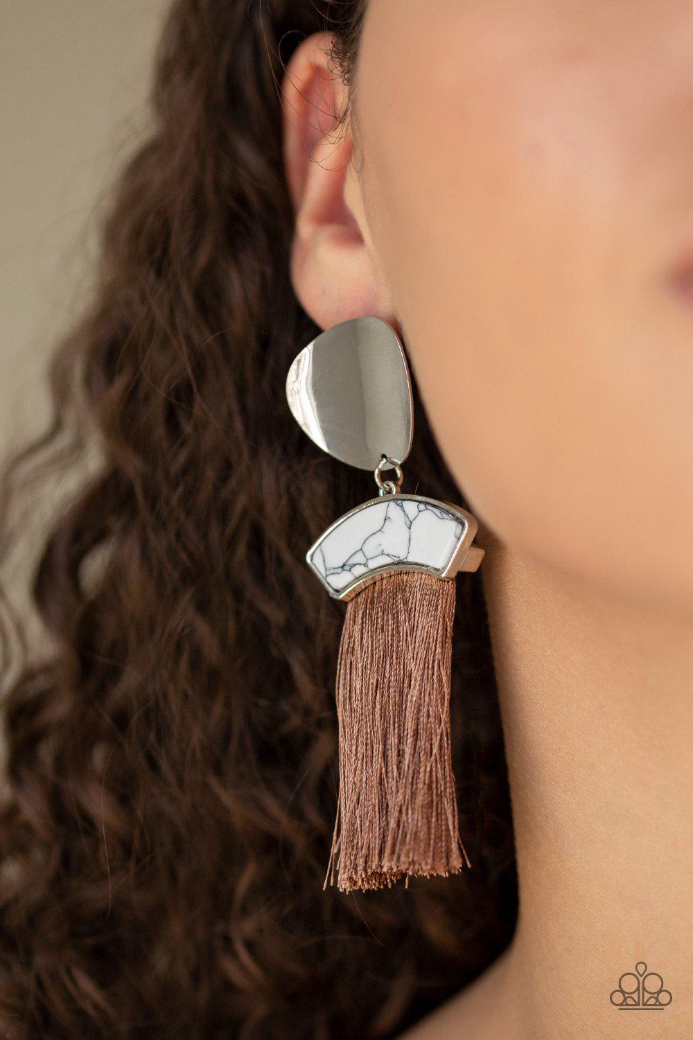 Insta Inca White and Brown Tassel Earrings - Paparazzi Accessories-CarasShop.com - $5 Jewelry by Cara Jewels