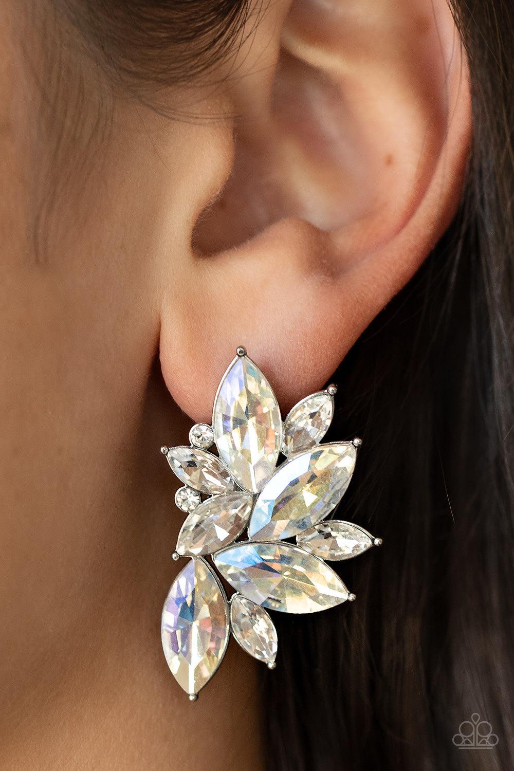 Instant Iridescence White Iridescent Rhinestone Earrings - Paparazzi Accessories-on model - CarasShop.com - $5 Jewelry by Cara Jewels