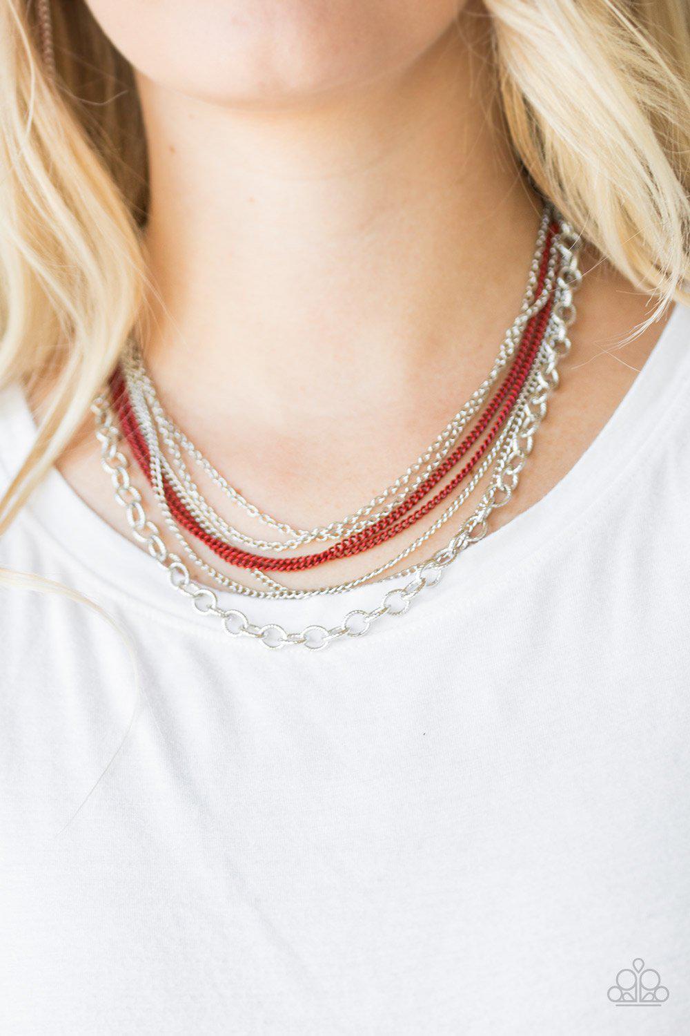 Intensely Industrial Red and Silver Chain Necklace - Paparazzi Accessories-CarasShop.com - $5 Jewelry by Cara Jewels