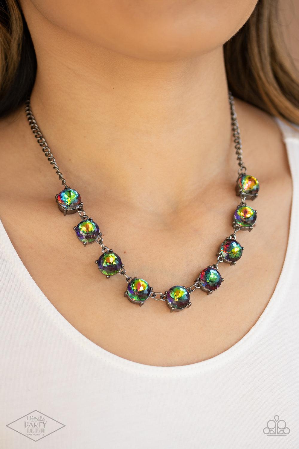 Iridescent Icing Multi &quot;Oil Spill&quot; Rhinestone Necklace - Paparazzi Accessories-on model - CarasShop.com - $5 Jewelry by Cara Jewels