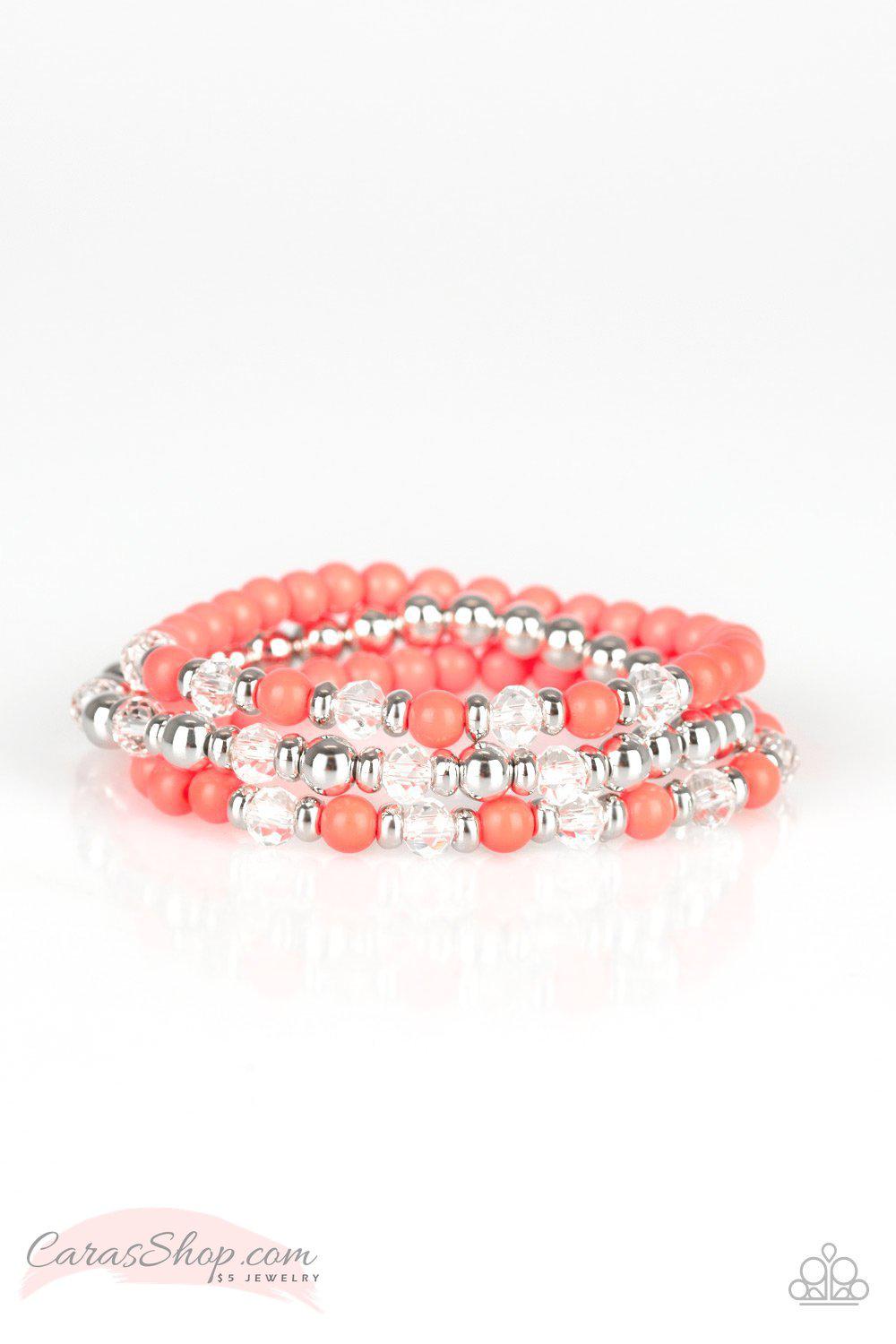Irresistibly Irresistible Coral and Silver Stretch Bracelet Set - Paparazzi Accessories-CarasShop.com - $5 Jewelry by Cara Jewels