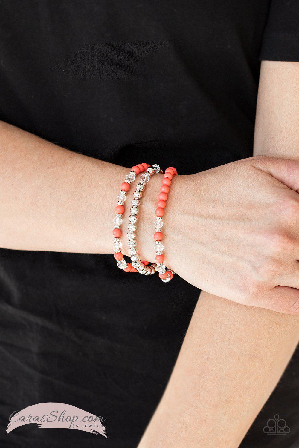 Irresistibly Irresistible Coral and Silver Stretch Bracelet Set - Paparazzi Accessories-CarasShop.com - $5 Jewelry by Cara Jewels