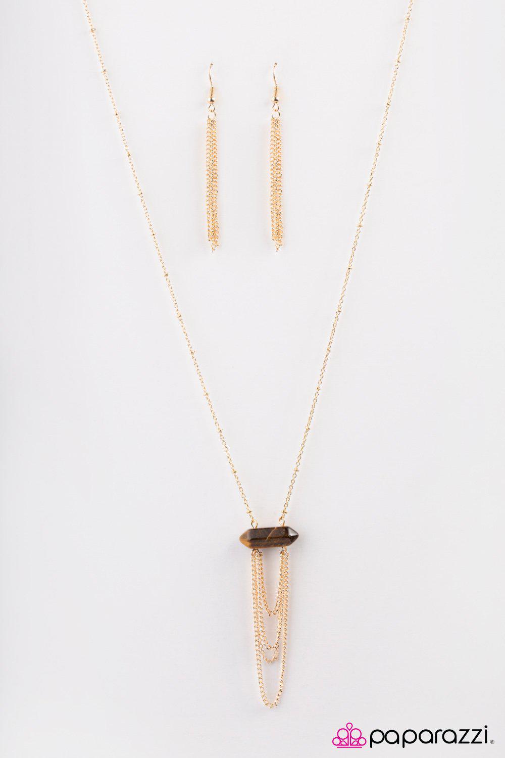 It All Goes To GLOW Gold and Brown Tiger&#39;s Eye Necklace - Paparazzi Accessories-CarasShop.com - $5 Jewelry by Cara Jewels
