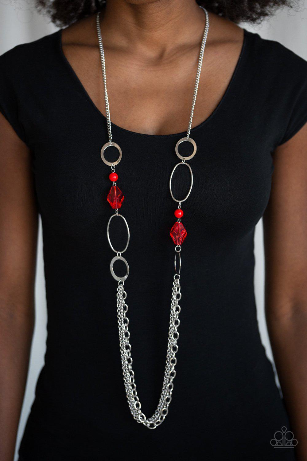 Jewel Jubilee Silver and Red Necklace - Paparazzi Accessories-CarasShop.com - $5 Jewelry by Cara Jewels