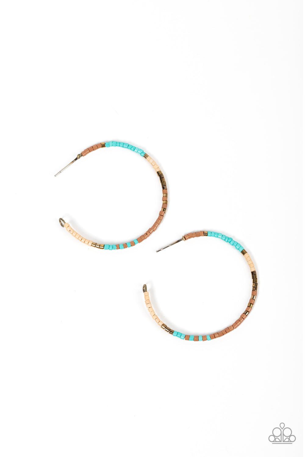 Joshua Tree Tourist Brass, Turquoise &amp; Brown Hoop Earrings - Paparazzi Accessories- lightbox - CarasShop.com - $5 Jewelry by Cara Jewels