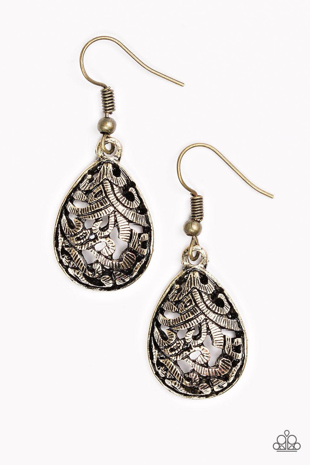 Jungle Vines Brass Earrings - Paparazzi Accessories-CarasShop.com - $5 Jewelry by Cara Jewels