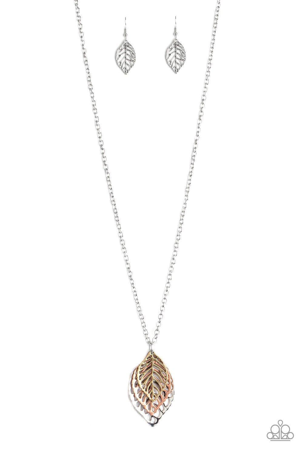 Just Be-LEAF Multi - Brass, Copper and Silver Leaf Pendant Necklace - Paparazzi Accessories-CarasShop.com - $5 Jewelry by Cara Jewels