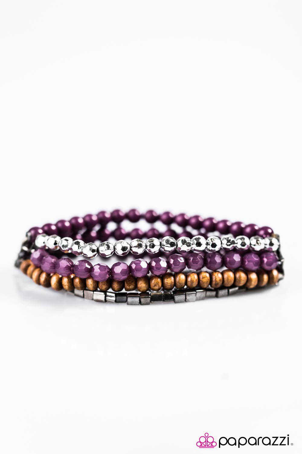 Just Bead Happy Purple and Silver Stretch Bracelet - Paparazzi Accessories-CarasShop.com - $5 Jewelry by Cara Jewels