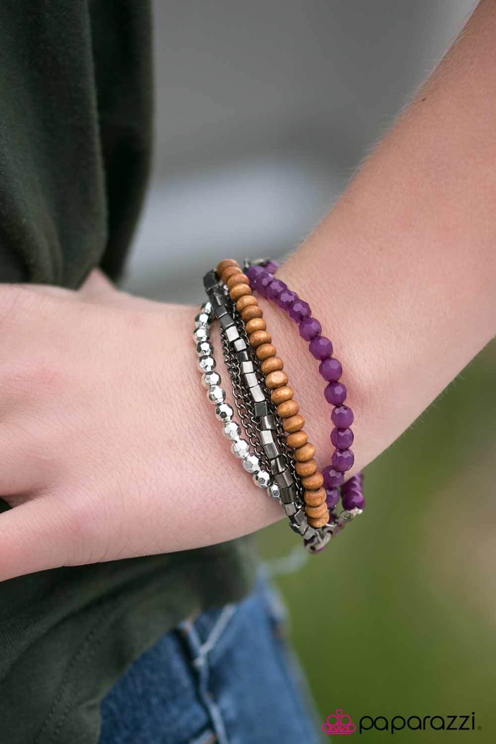 Just Bead Happy Purple and Silver Stretch Bracelet - Paparazzi Accessories-CarasShop.com - $5 Jewelry by Cara Jewels