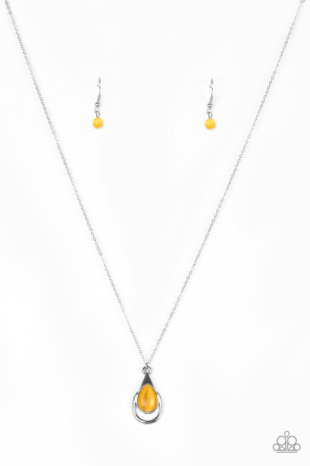 Just Drop It Silver and Yellow Moonstone Teardrop Necklace - Paparazzi Accessories-CarasShop.com - $5 Jewelry by Cara Jewels