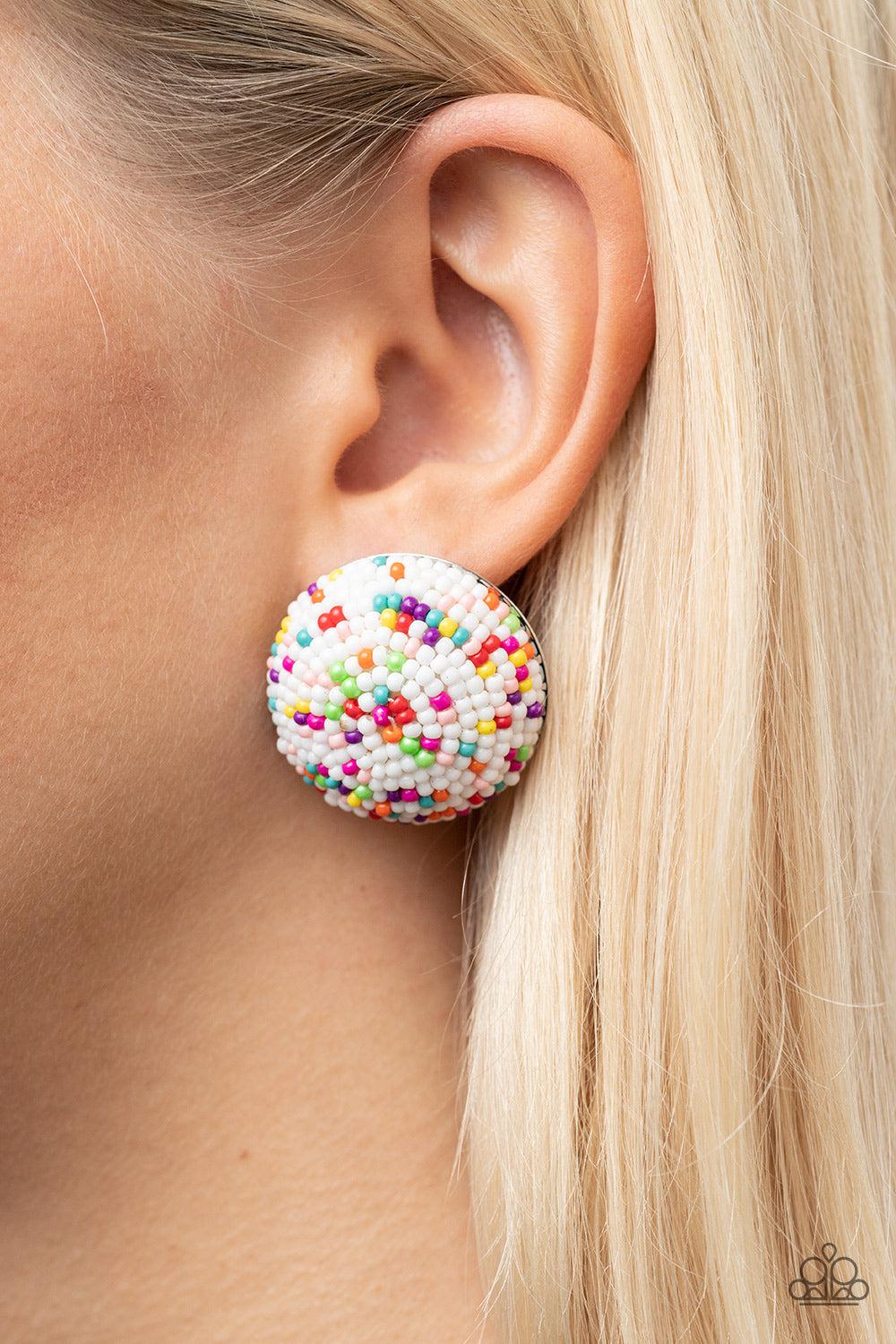 Kaleidoscope Sky White Seed Bead Post Earrings - Paparazzi Accessories-on model - CarasShop.com - $5 Jewelry by Cara Jewels