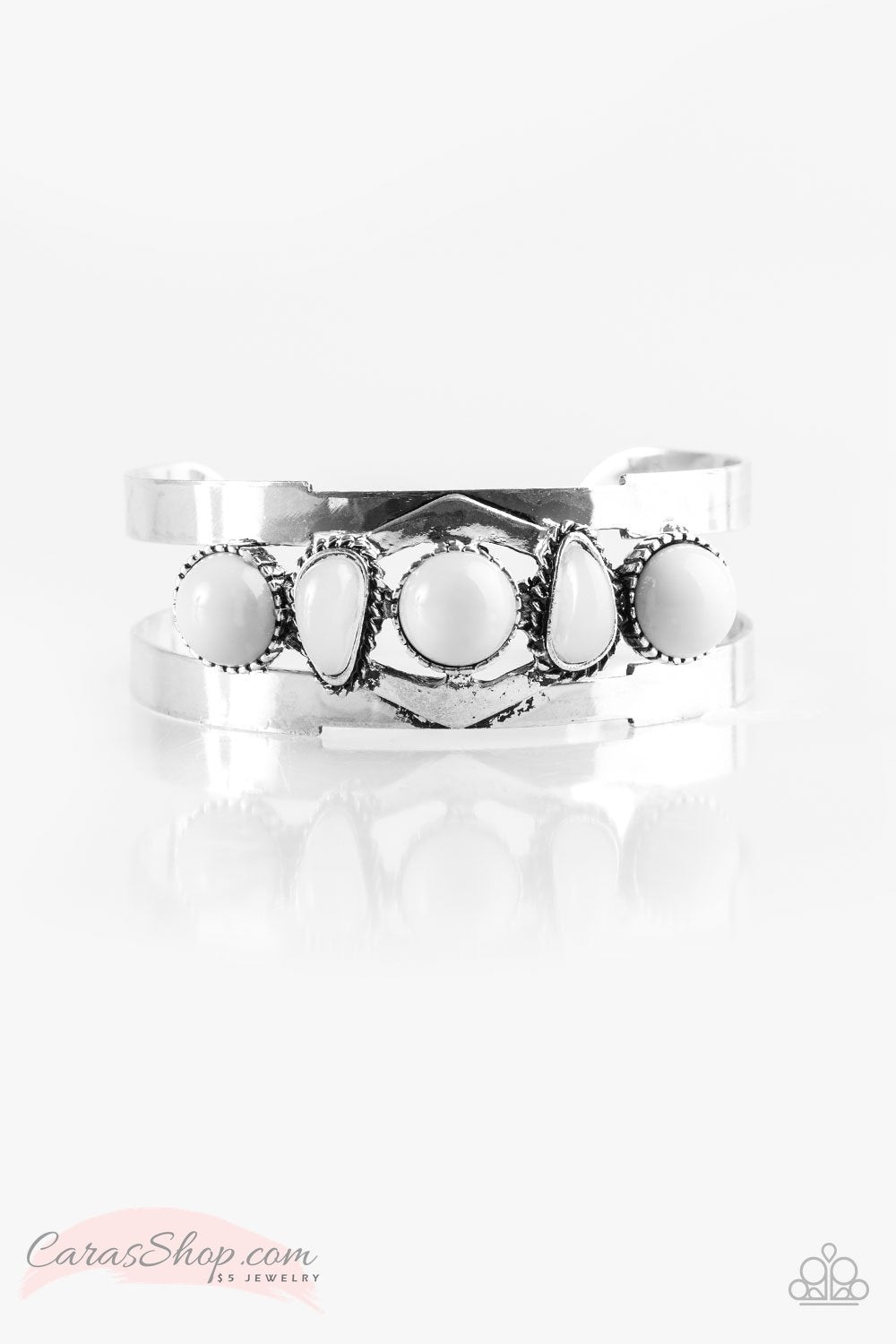 Keep On TRIBE-ing White and Gray Silver Cuff Bracelet - Paparazzi Accessories-CarasShop.com - $5 Jewelry by Cara Jewels