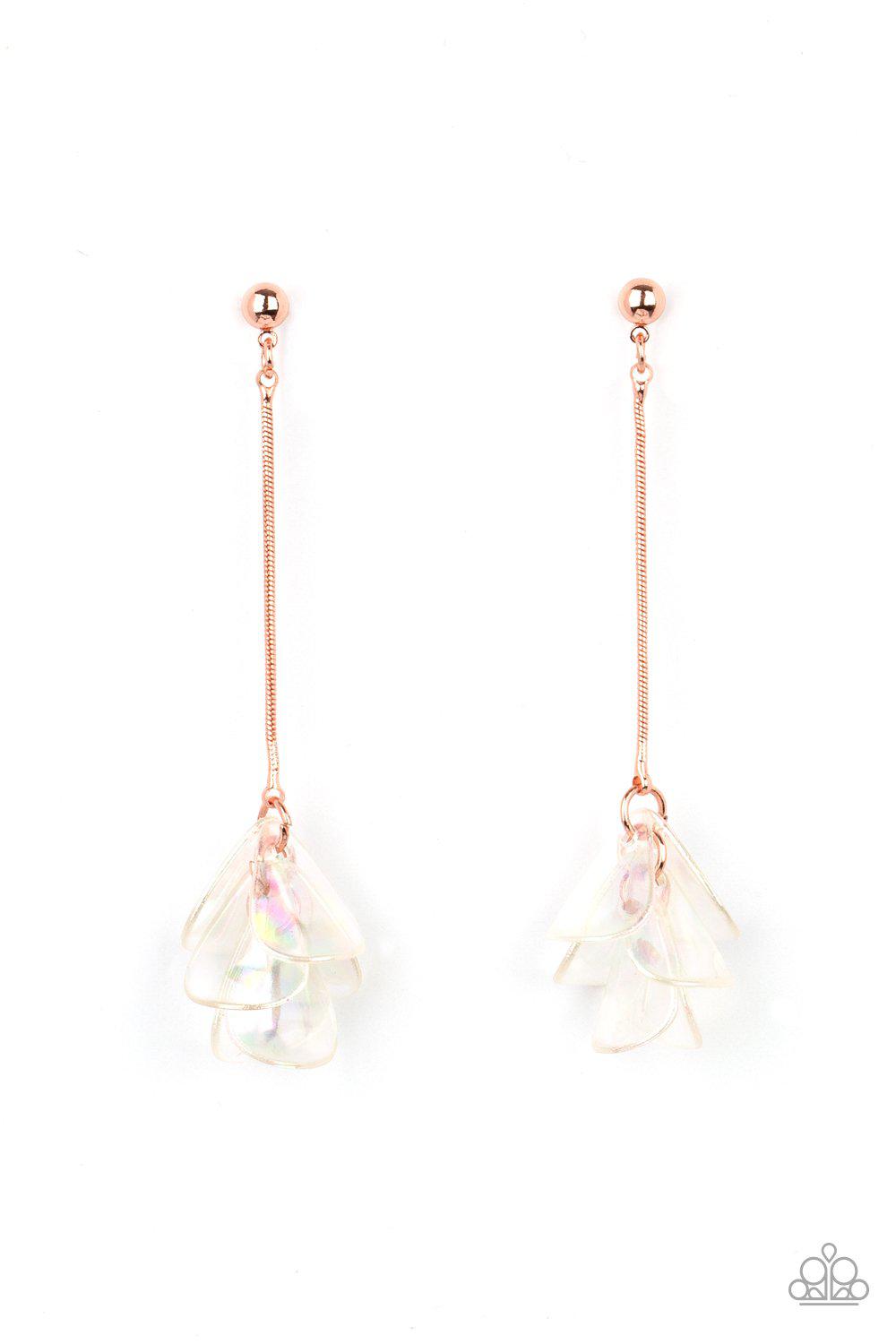 Keep Them In Suspense Copper and Iridescent Acrylic Petal Earrings - Paparazzi Accessories- lightbox - CarasShop.com - $5 Jewelry by Cara Jewels