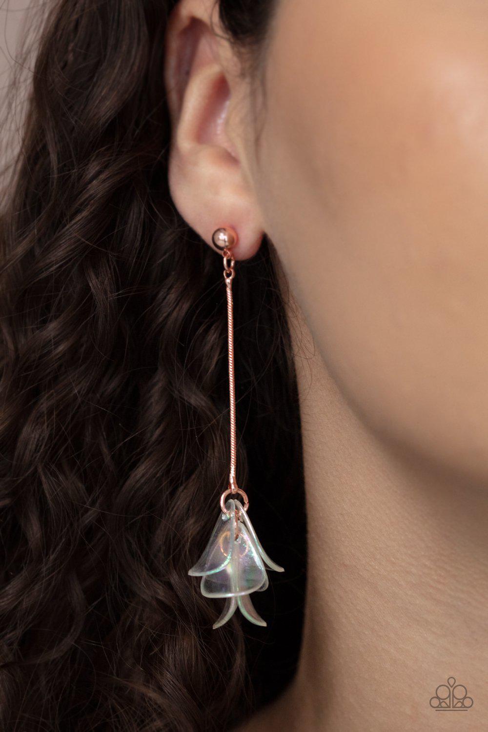 Keep Them In Suspense Copper and Iridescent Acrylic Petal Earrings - Paparazzi Accessories- model - CarasShop.com - $5 Jewelry by Cara Jewels