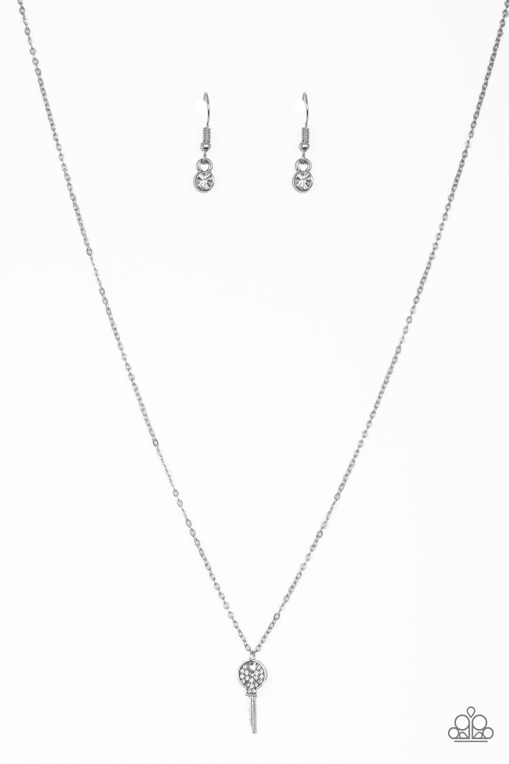 Key Figure Silver and White Rhinestone Key Necklace - Paparazzi Accessories-CarasShop.com - $5 Jewelry by Cara Jewels