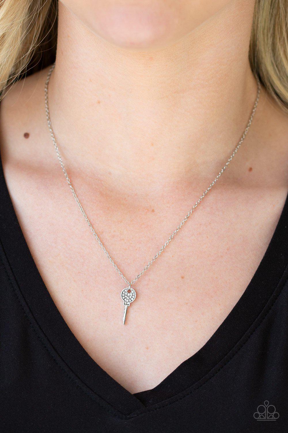 Key Figure Silver and White Rhinestone Key Necklace - Paparazzi Accessories-CarasShop.com - $5 Jewelry by Cara Jewels