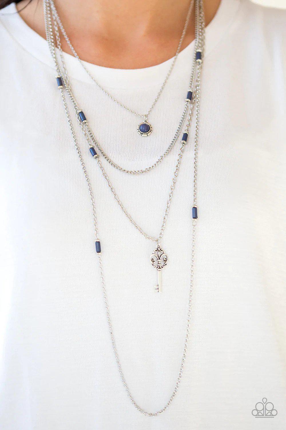Key Keynote Blue Necklace - Paparazzi Accessories- on model - CarasShop.com - $5 Jewelry by Cara Jewels