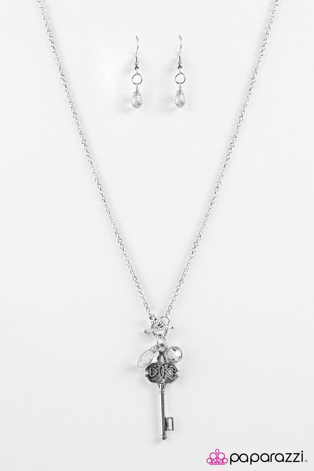Key to the City Silver Key Necklace and matching Earrings - Paparazzi Accessories-CarasShop.com - $5 Jewelry by Cara Jewels