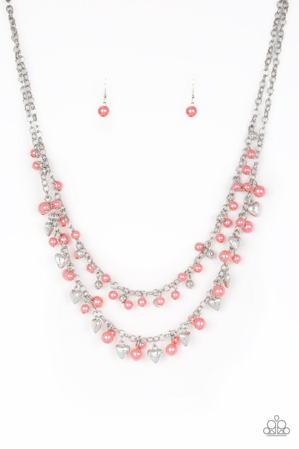 Kindhearted Heart Coral Pearl and Silver Heart Necklace - Paparazzi Accessories-CarasShop.com - $5 Jewelry by Cara Jewels