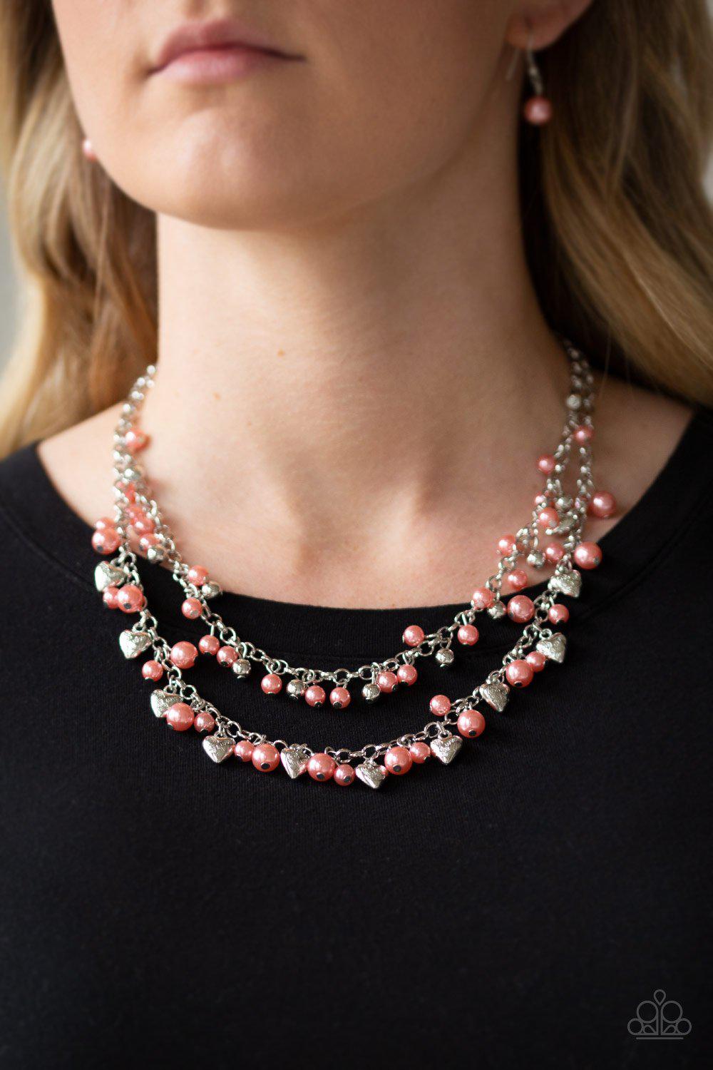 Kindhearted Heart Coral Pearl and Silver Heart Necklace - Paparazzi Accessories-CarasShop.com - $5 Jewelry by Cara Jewels