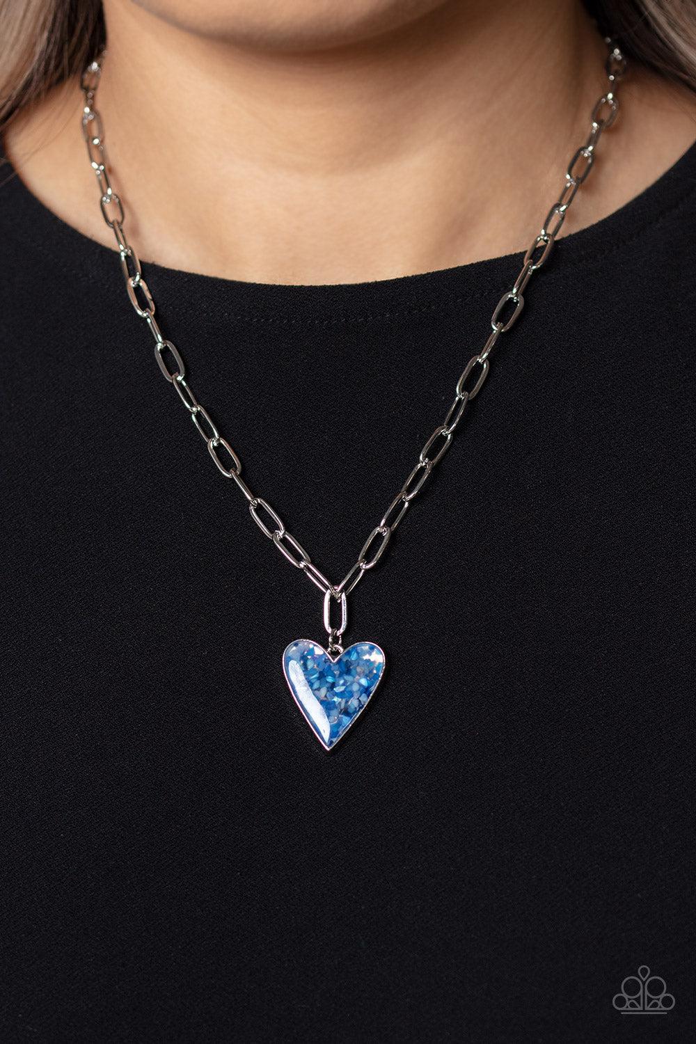 Kiss and SHELL Blue Heart Necklace - Paparazzi Accessories-on model - CarasShop.com - $5 Jewelry by Cara Jewels