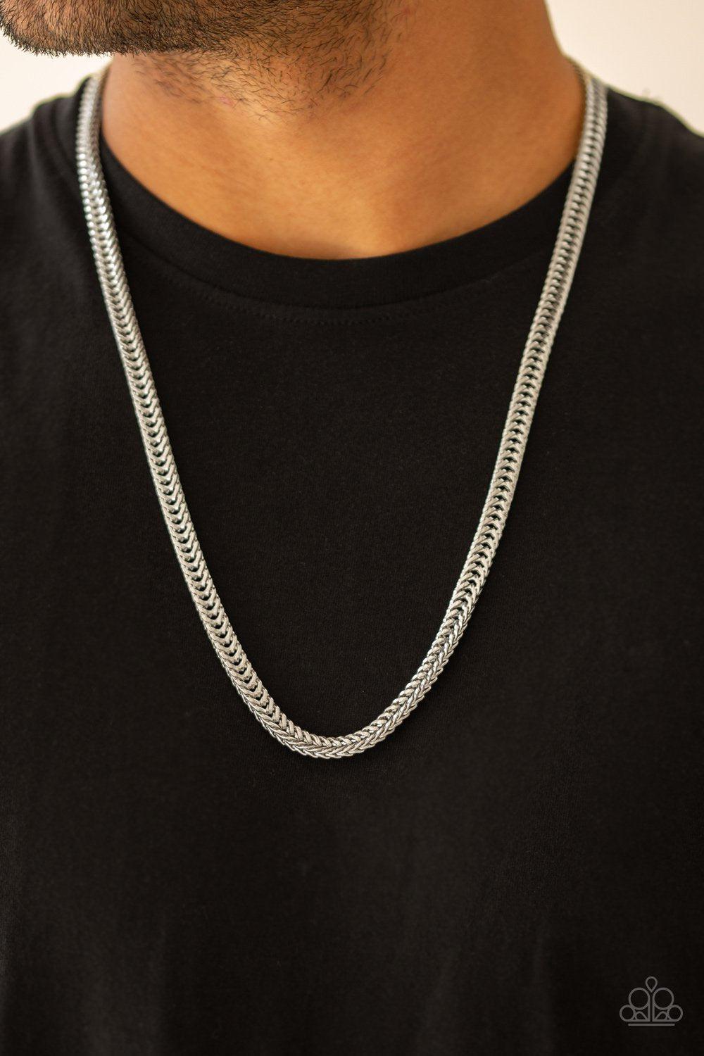Knockout King Men&#39;s Silver Chain Necklace - Paparazzi Accessories - model -CarasShop.com - $5 Jewelry by Cara Jewels