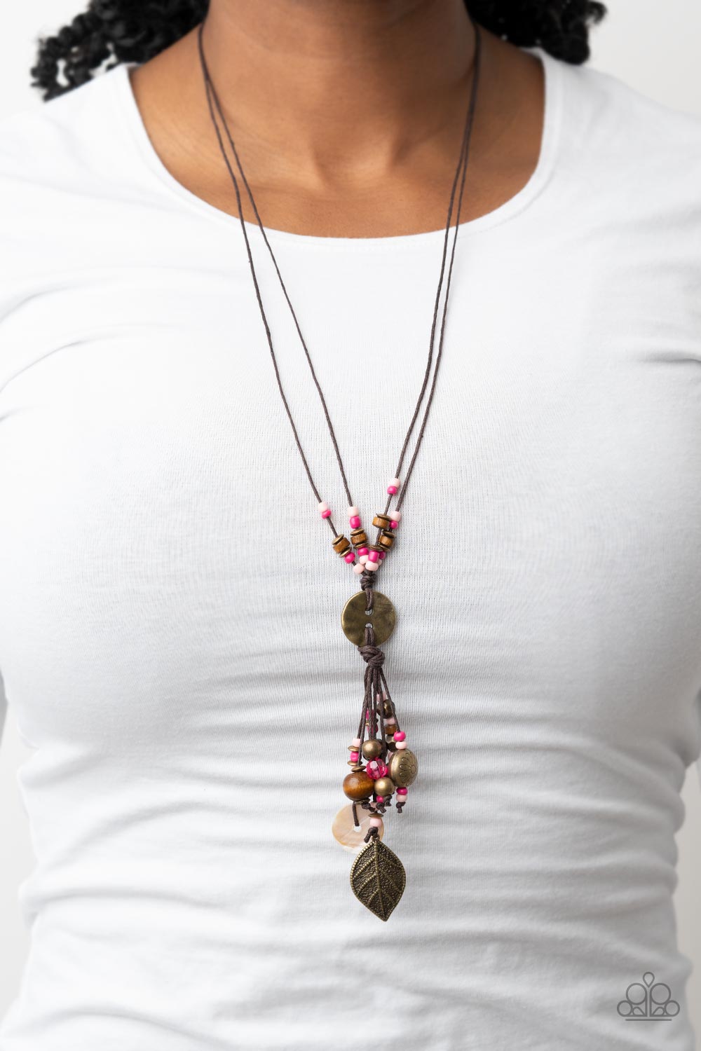 Knotted Keepsake Pink, Wood &amp; Brass Necklace - Paparazzi Accessories-on model - CarasShop.com - $5 Jewelry by Cara Jewels