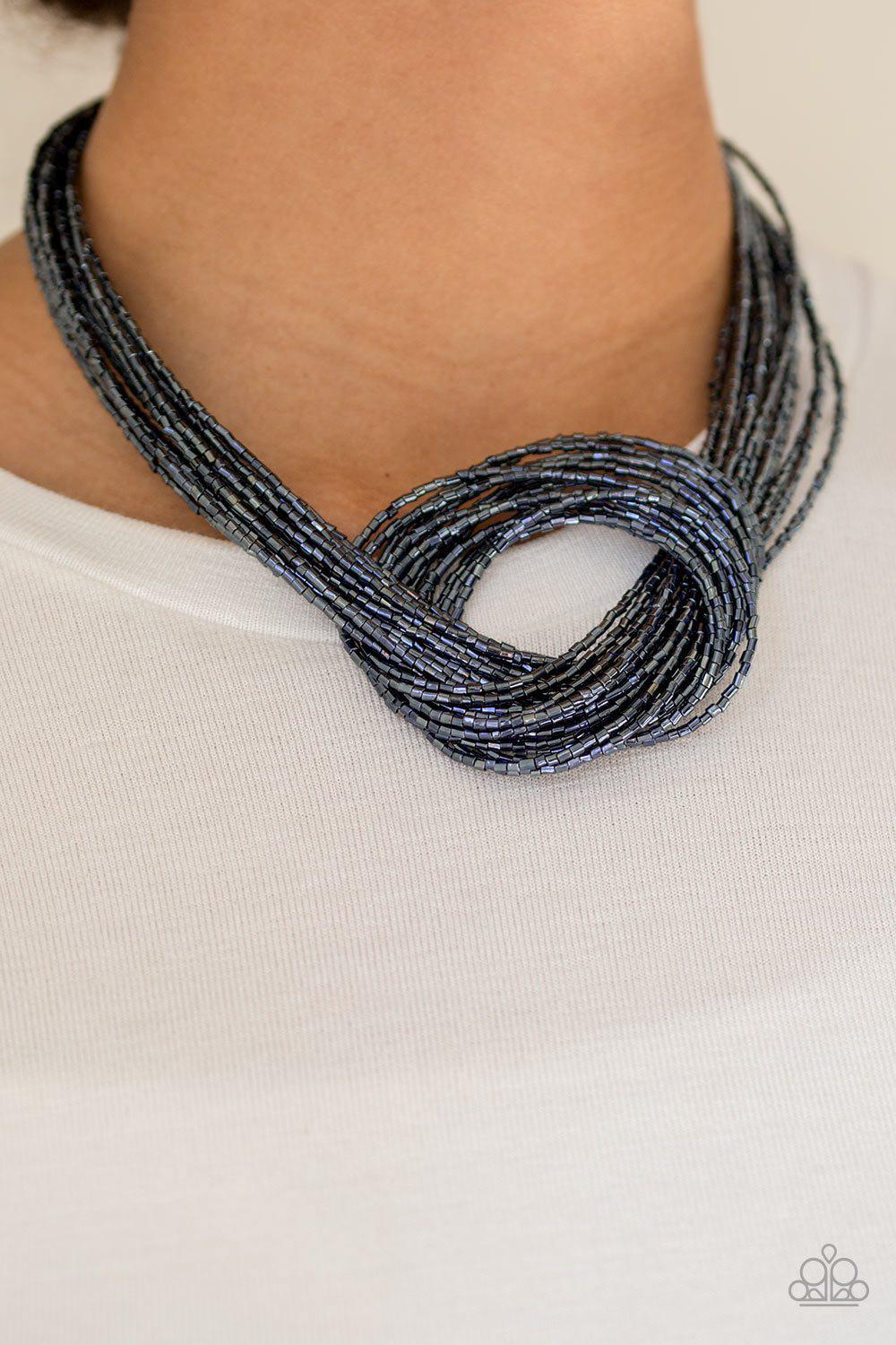 Knotted Knockout Metallic Blue Seed Bead Necklace and matching Earrings - Paparazzi Accessories-CarasShop.com - $5 Jewelry by Cara Jewels