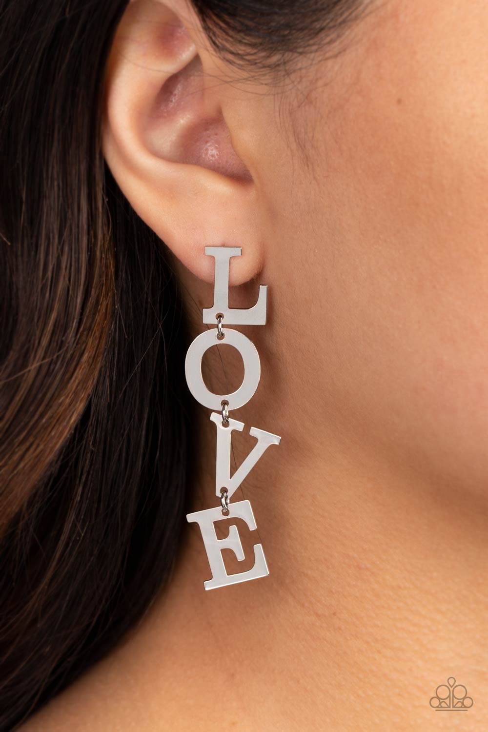 L-O-V-E Silver Earrings - Paparazzi Accessories-on model - CarasShop.com - $5 Jewelry by Cara Jewels