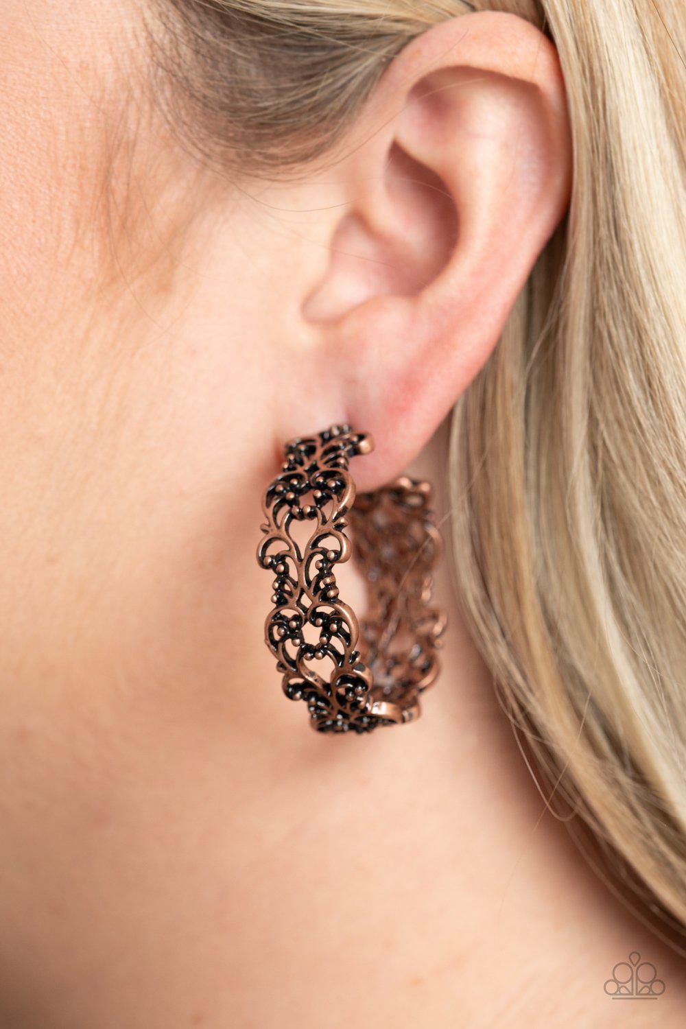 Laurel Wreaths Copper Filigree Hoop Earrings - Paparazzi Accessories - model -CarasShop.com - $5 Jewelry by Cara Jewels