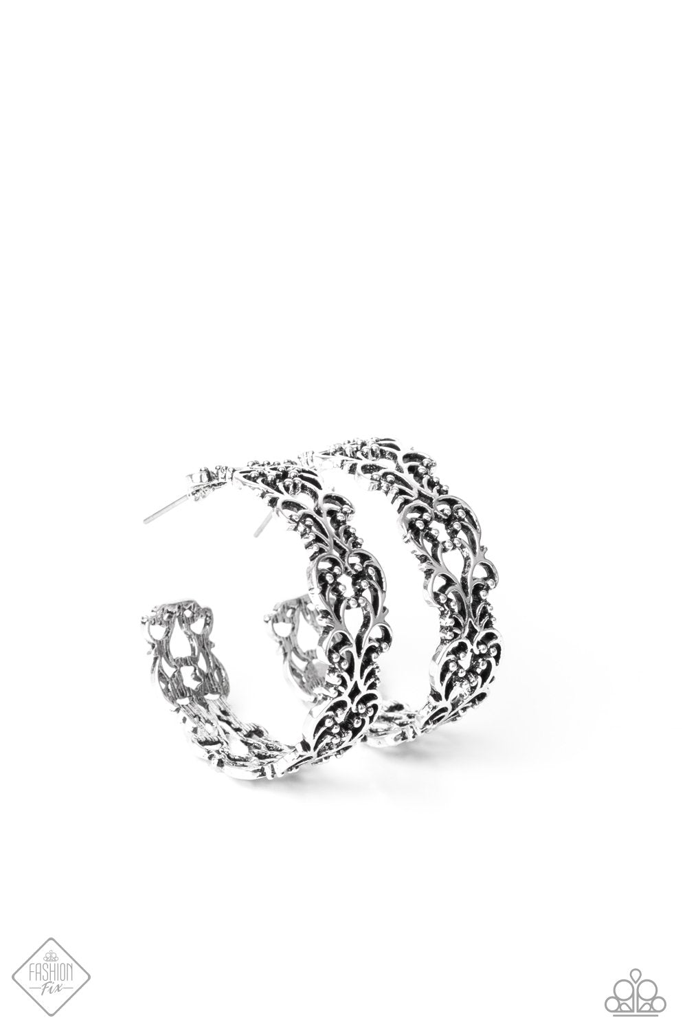 Laurel Wreaths Silver Filigree Hoop Earrings - Paparazzi Accessories-CarasShop.com - $5 Jewelry by Cara Jewels