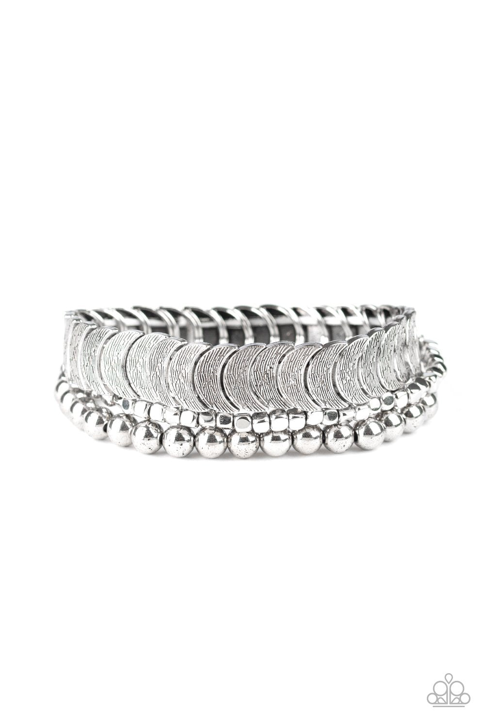 LAYER It On Me Silver Stretch Bracelet Set - Paparazzi Accessories-CarasShop.com - $5 Jewelry by Cara Jewels