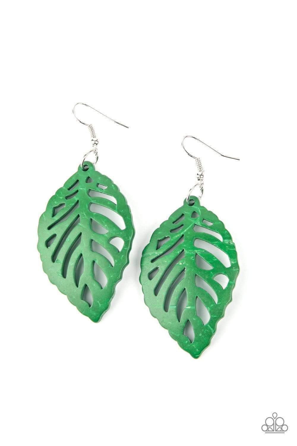 LEAF &#39;Em Hanging Green Wood Leaf Earrings - Paparazzi Accessories - lightbox -CarasShop.com - $5 Jewelry by Cara Jewels