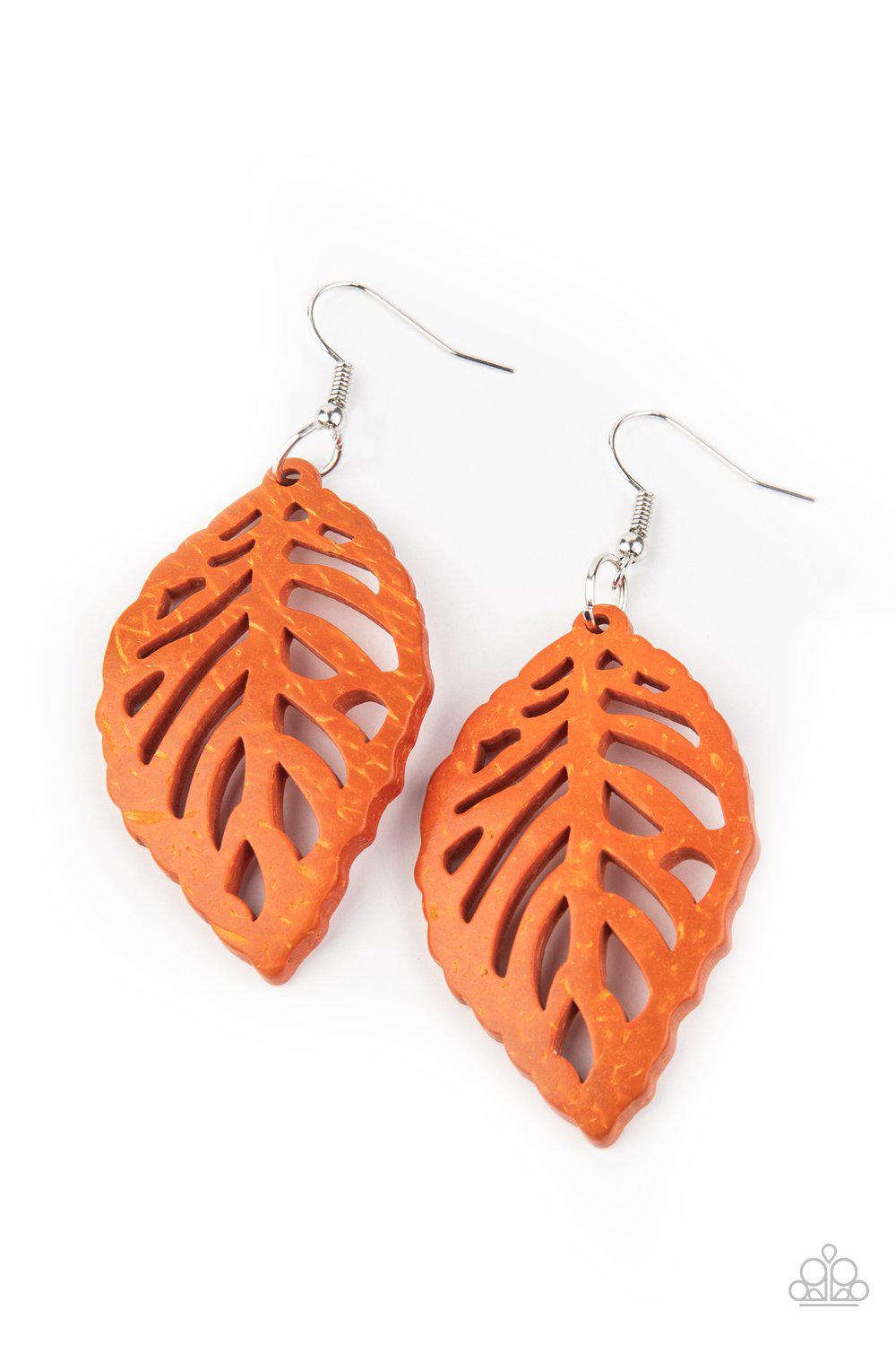 LEAF Em Hanging Orange Wood Leaf Earrings - Paparazzi Accessories - lightbox -CarasShop.com - $5 Jewelry by Cara Jewels