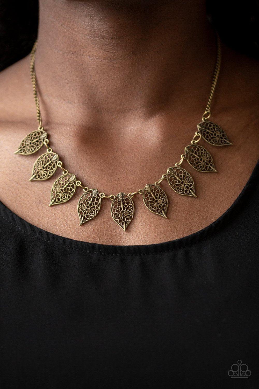 Leafy Lagoon Brass Leaf Necklace - Paparazzi Accessories - model -CarasShop.com - $5 Jewelry by Cara Jewels