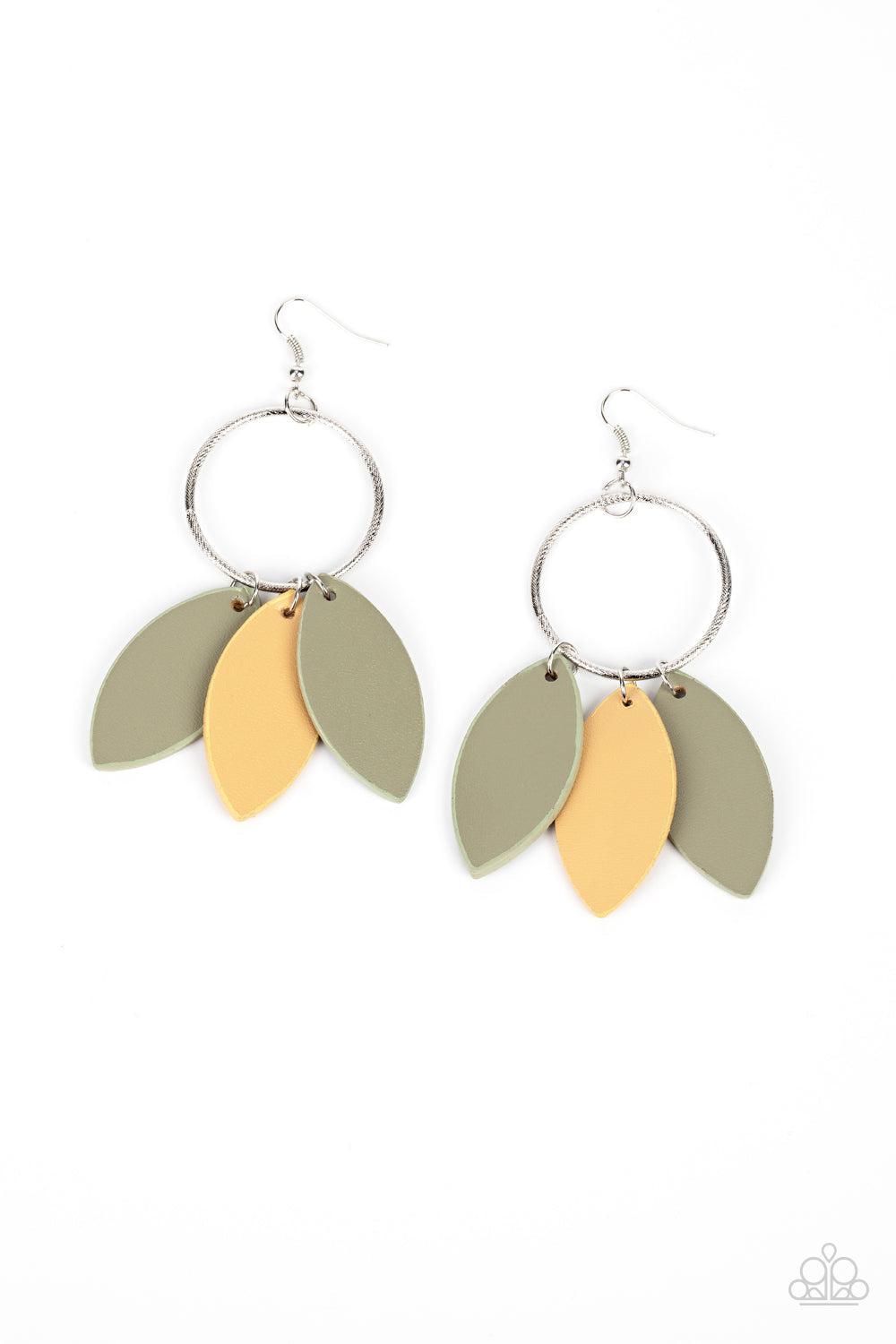 Leafy Laguna Multi Green and Tan Leather Earrings - Paparazzi Accessories- lightbox - CarasShop.com - $5 Jewelry by Cara Jewels