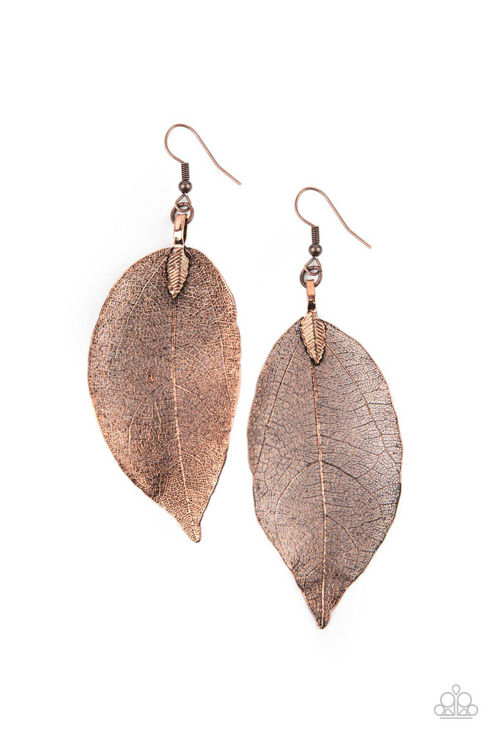 Leafy Legacy Copper Leaf Earrings - Paparazzi Accessories - lightbox -CarasShop.com - $5 Jewelry by Cara Jewels