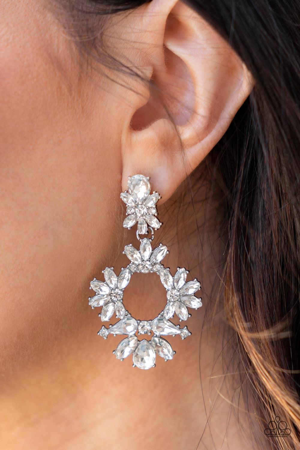 Leave Them Speechless White Rhinestone Earrings - Paparazzi Accessories-on model - CarasShop.com - $5 Jewelry by Cara Jewels