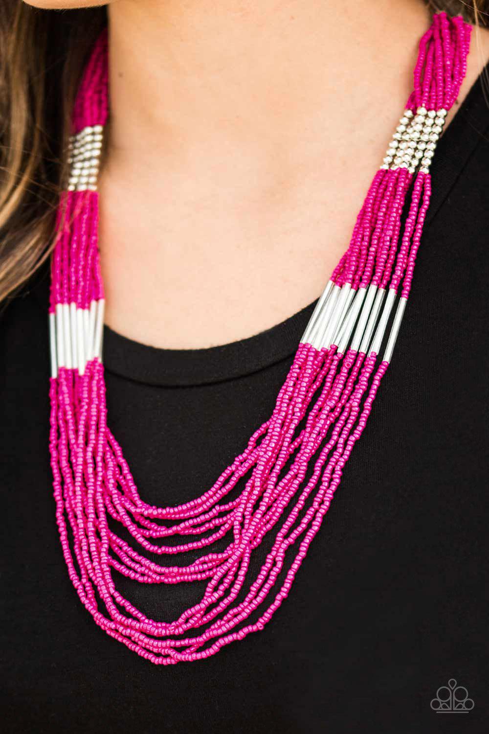 Let It Bead Pink and Silver Seed Bead Necklace - Paparazzi Accessories-CarasShop.com - $5 Jewelry by Cara Jewels