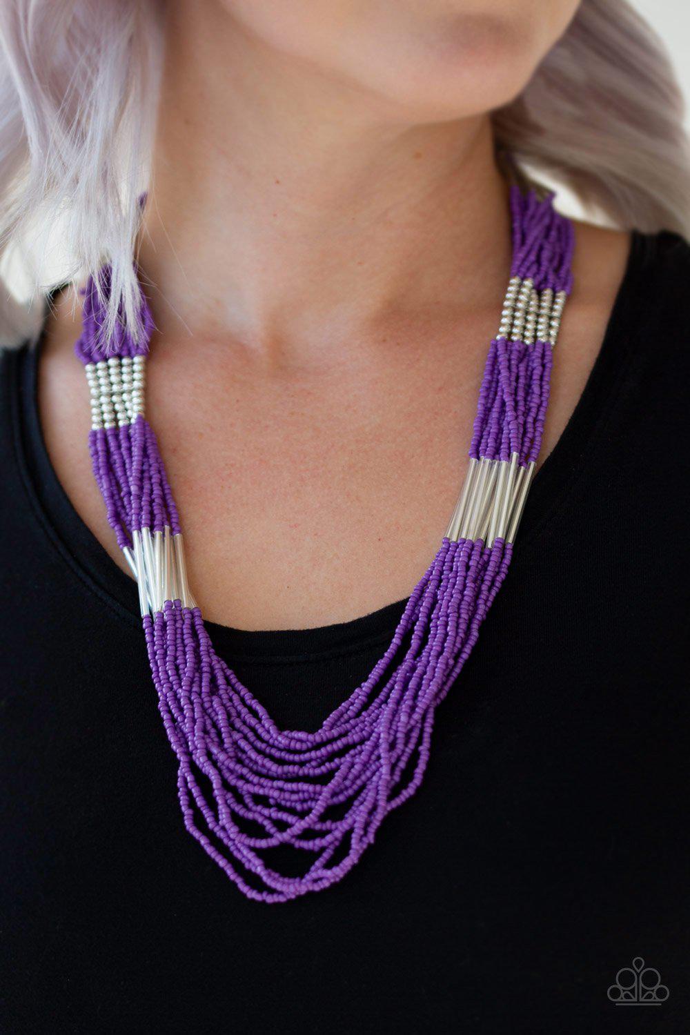Let It Bead Purple and Silver Seed Bead Necklace - Paparazzi Accessories-CarasShop.com - $5 Jewelry by Cara Jewels