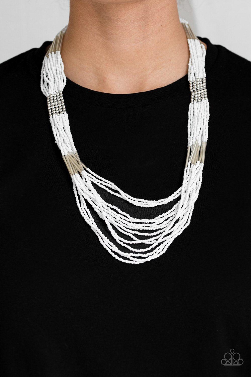 Let It Bead White and Silver Seed Bead Necklace - Paparazzi Accessories-CarasShop.com - $5 Jewelry by Cara Jewels