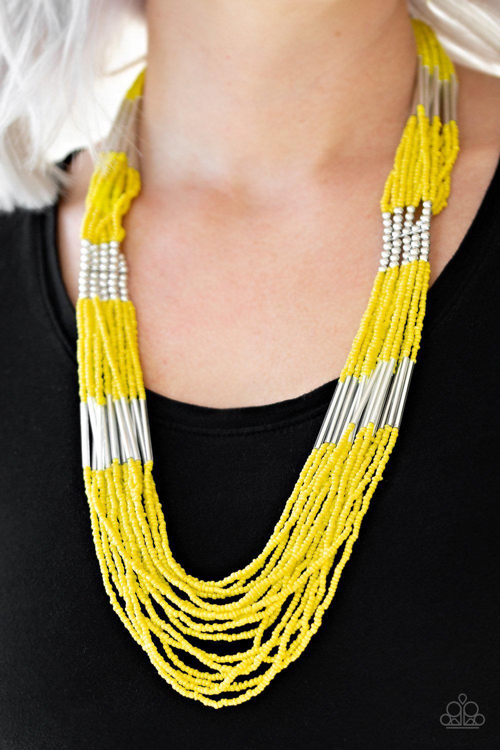 Let It Bead Yellow and Silver Seed Bead Necklace - Paparazzi Accessories-CarasShop.com - $5 Jewelry by Cara Jewels