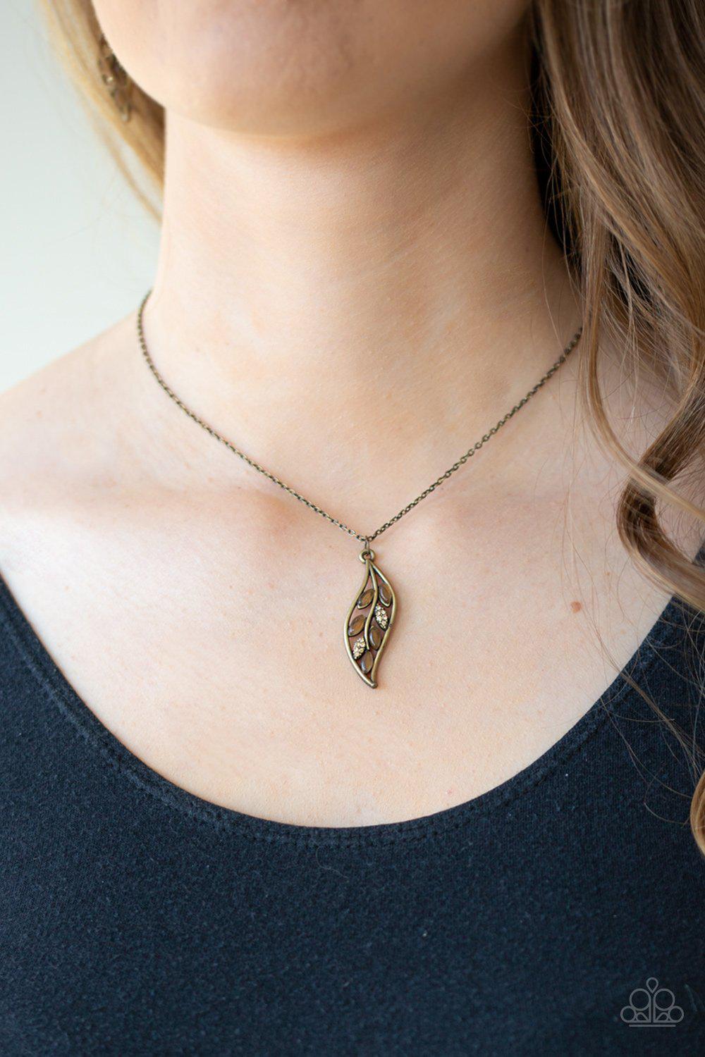 Let STEM Talk Brass Moonstone Leaf Necklace - Paparazzi Accessories-CarasShop.com - $5 Jewelry by Cara Jewels