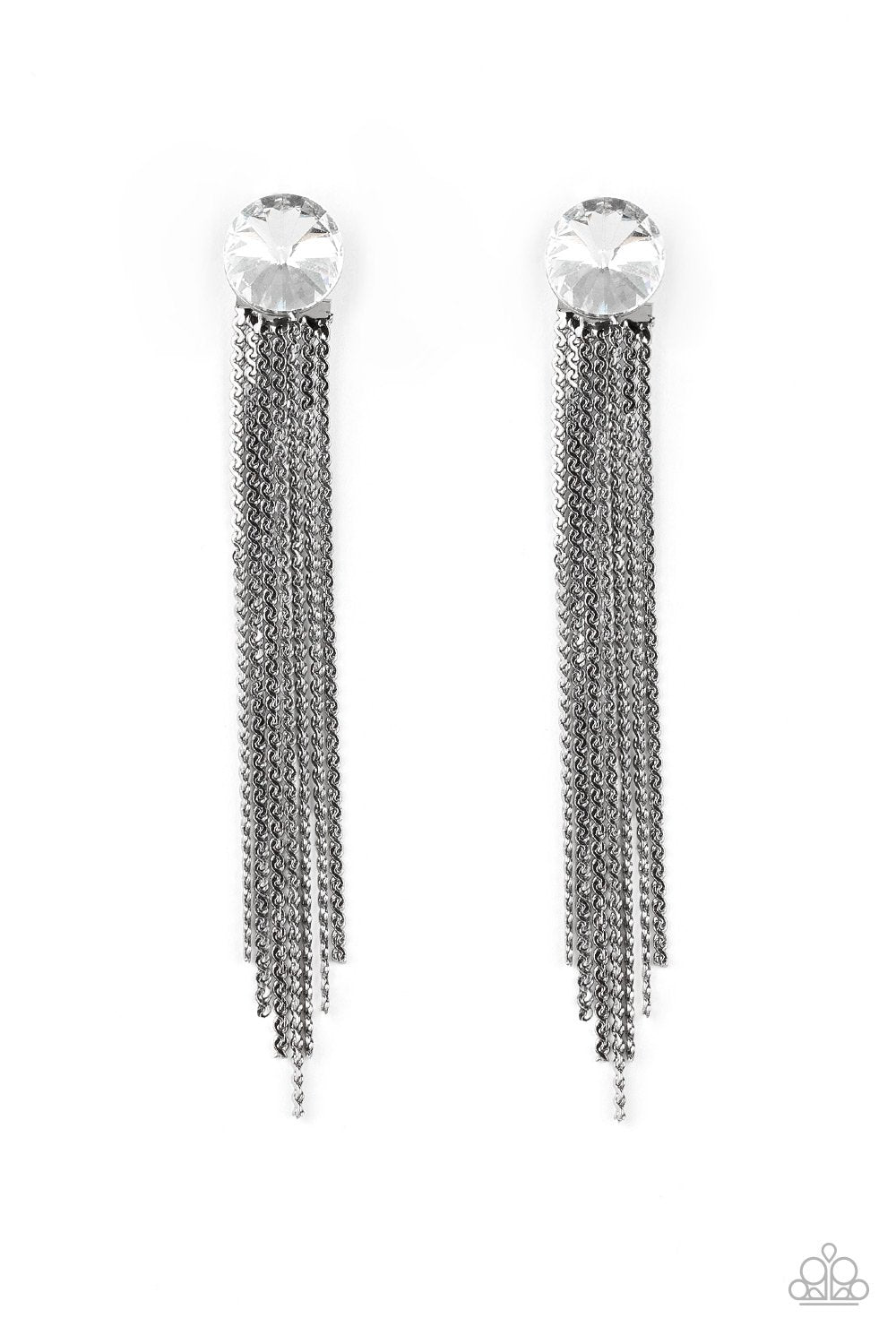 Level Up Gunmetal Black Chain and White Rhinestone Earrings - Paparazzi Accessories-CarasShop.com - $5 Jewelry by Cara Jewels